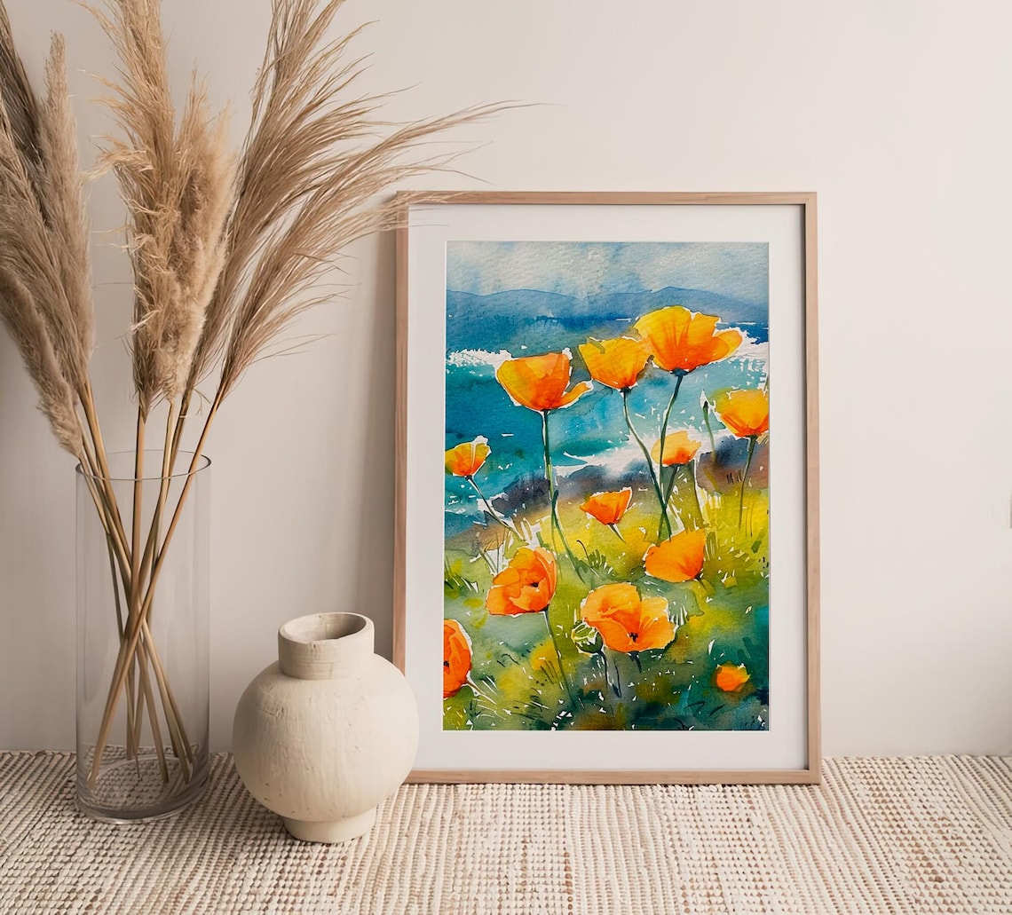 California Poppies Watercolor Art Print, Coastline - Image 4