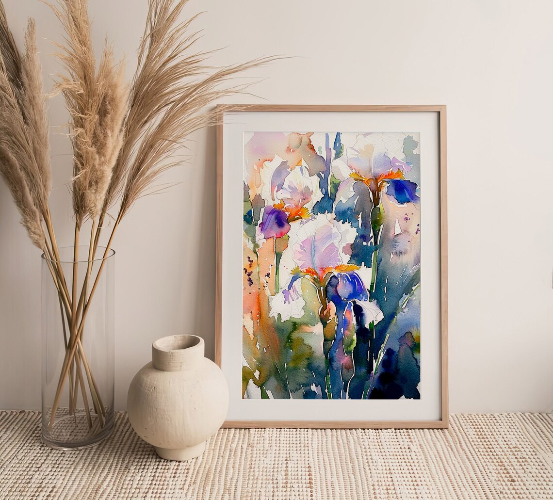 White and Purple Iris Flowers Watercolor Floral Garden Painting Poster - Image 3