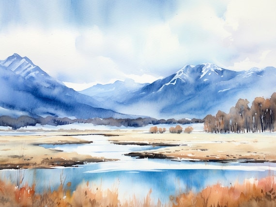 Three Sisters Mountains Watercolor Painting Oregon Landscape Art Print Misty Lake Watercolor Artwork By Feelingprints