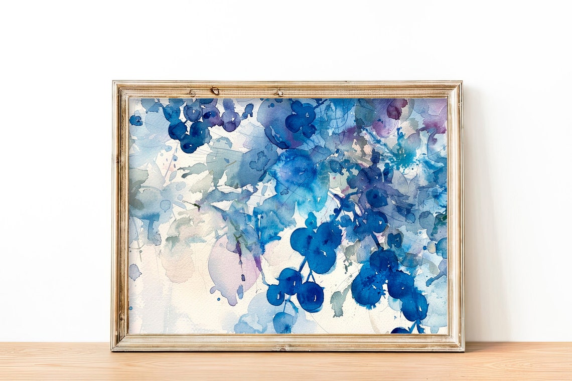 Abstract Blueberry Branches Indigo Watercolor Botanical Poster