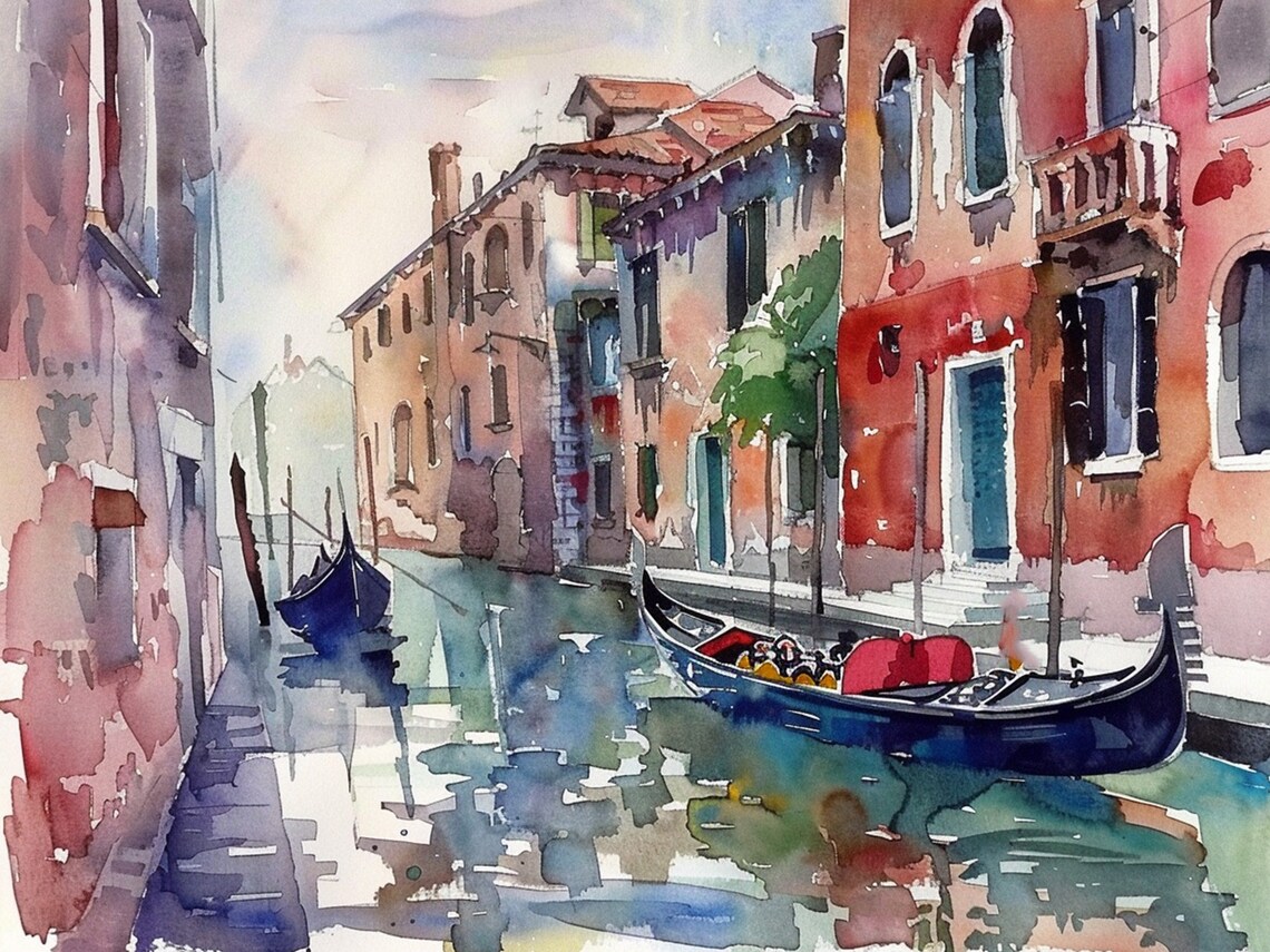 Venice Watercolor Travel Poster, Italian Cityscape