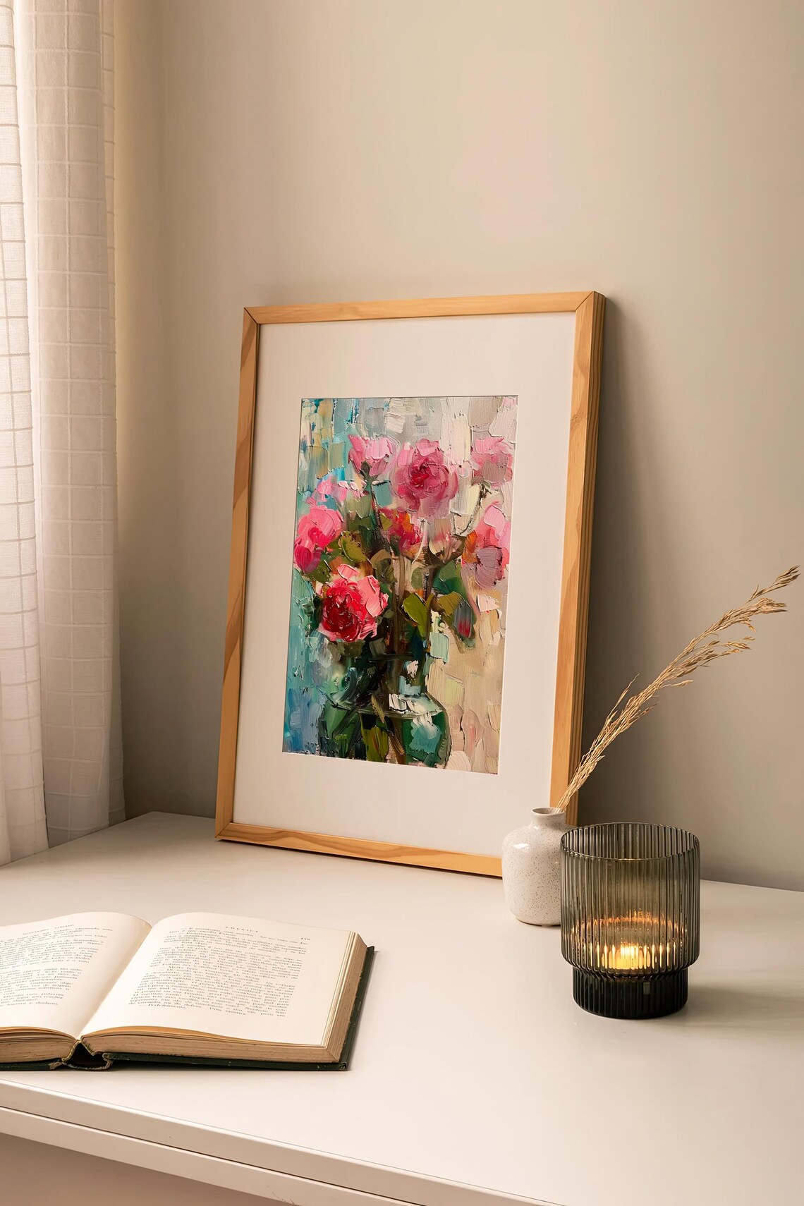 Peonies Oil Painting Pink Bouquet Glass Vase Impasto Floral Poster - Image 2
