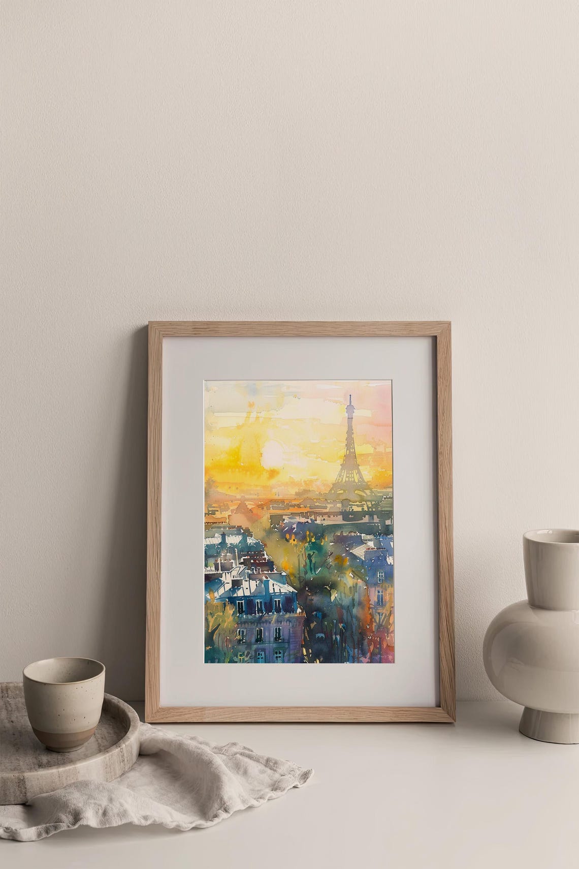 Eiffel Tower Paris Golden Sunset Rooftops Watercolor Travel Poster - Image 3