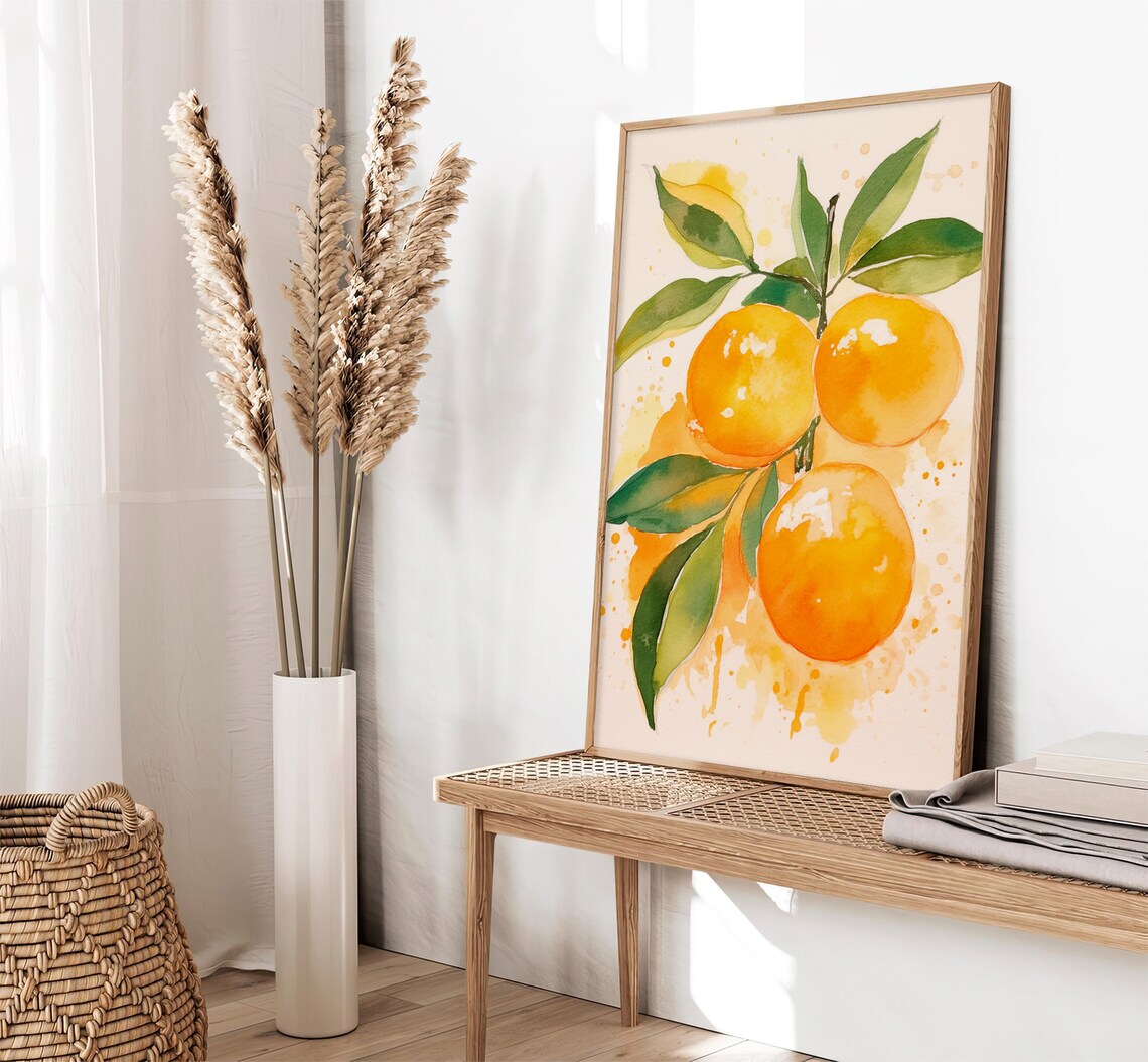Orange Watercolor Three Citrus Fruits on Leafy Branch Poster - Image 2