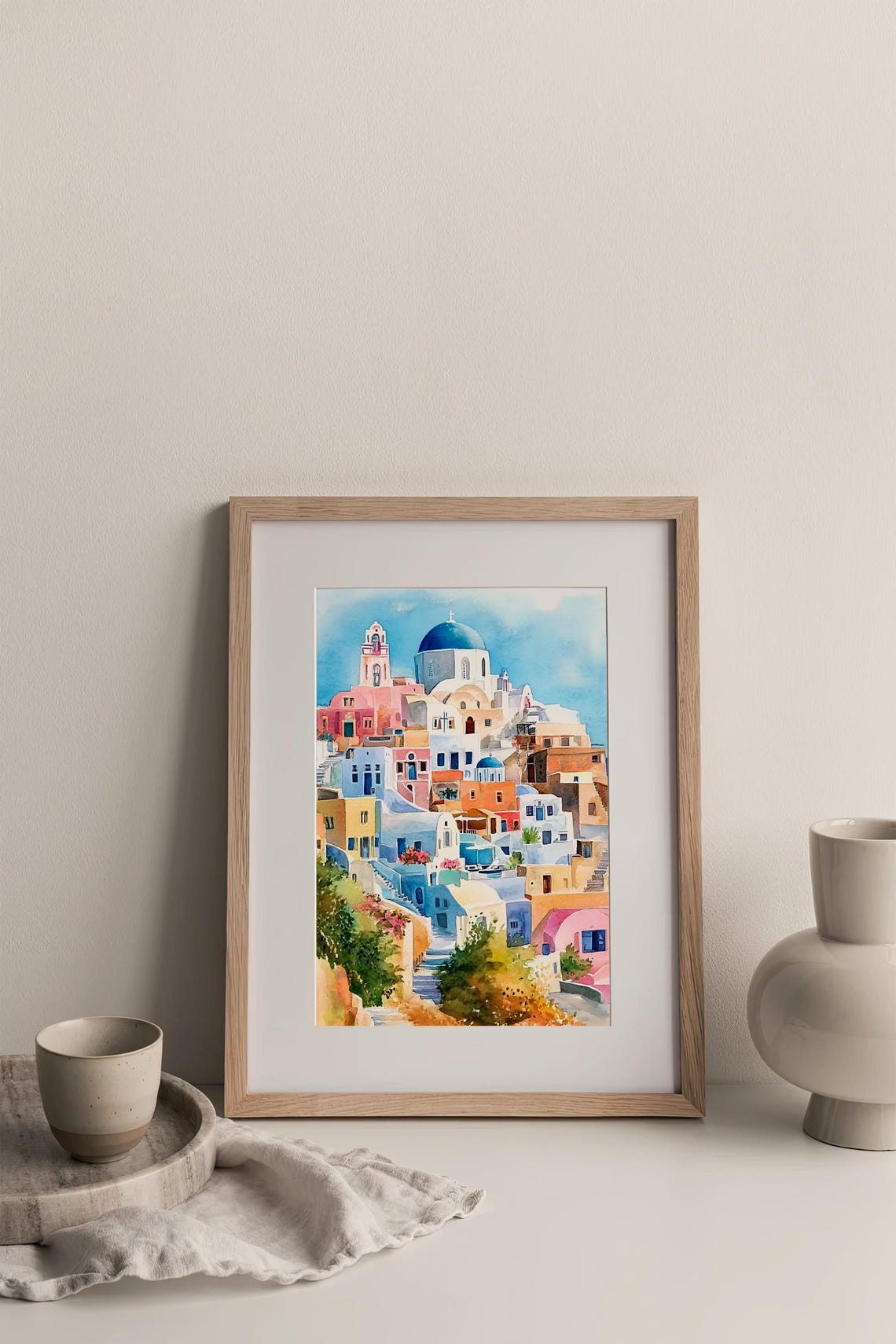 Santorini Blue Dome Church Whitewashed Houses Greece Watercolor Poster - Image 3