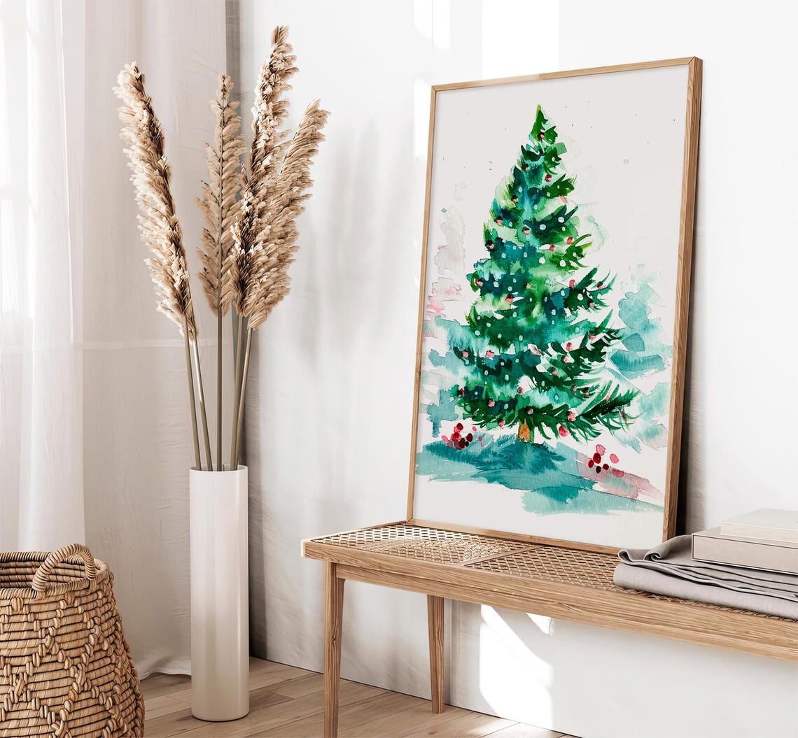 Christmas Pine Tree Snow Watercolor Holiday Winter Decor Wall Art - Image 2
