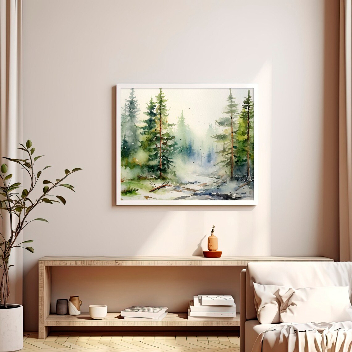 Rocky Mountain Misty Pine Forest Stream Morning Watercolor Poster - Image 3