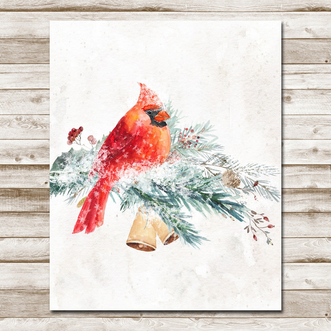 Red Cardinal On Snowy Pine Branch Golden Bells Winter Bird Poster - Image 10