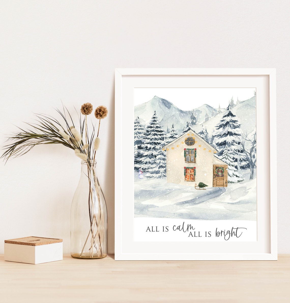 All Is Calm All Is Bright Snowy Cottage Christmas Hymn Wall Art