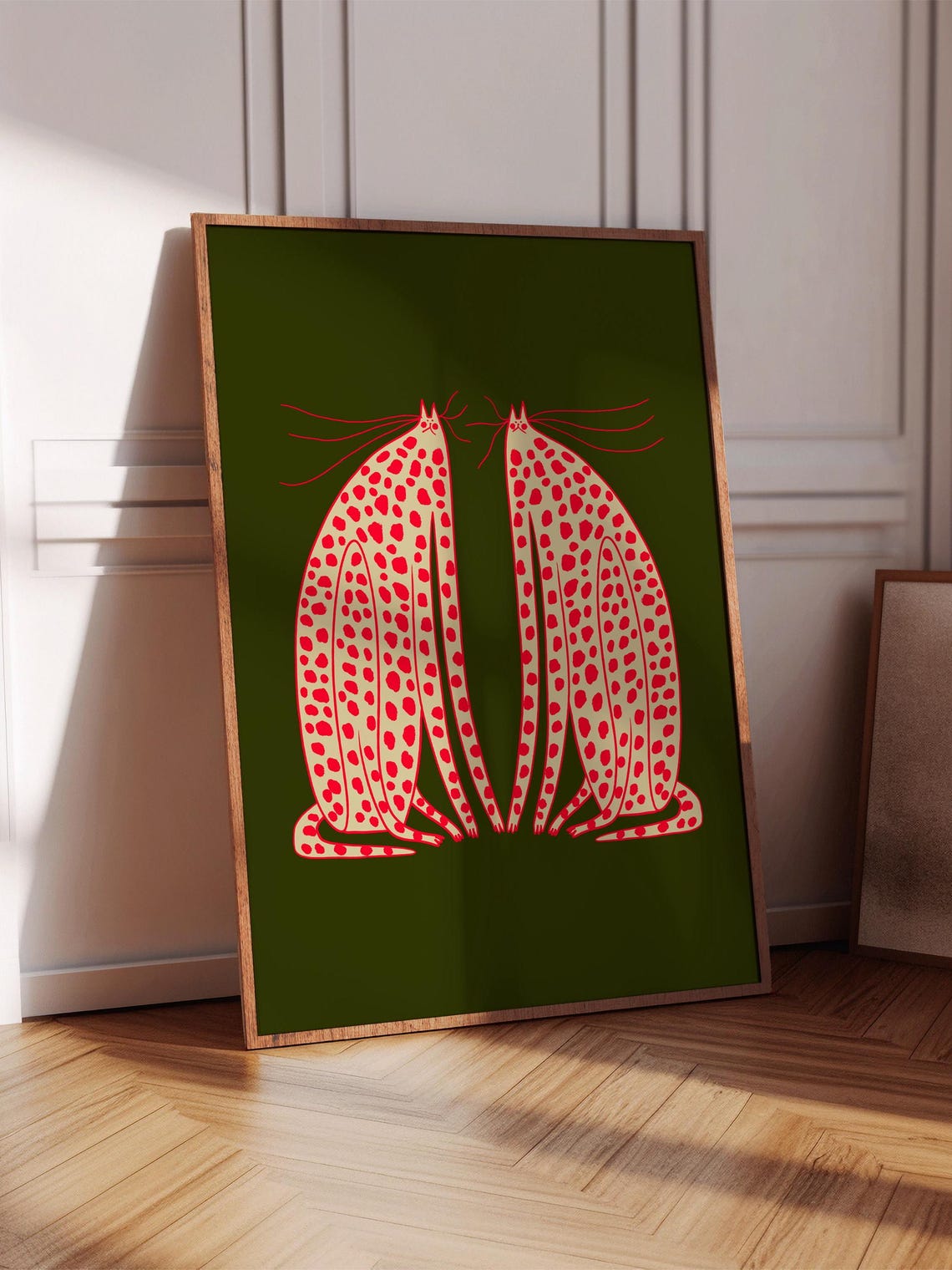 Two Spotted Cats Sitting Pretty Green Background Animal Art Poster