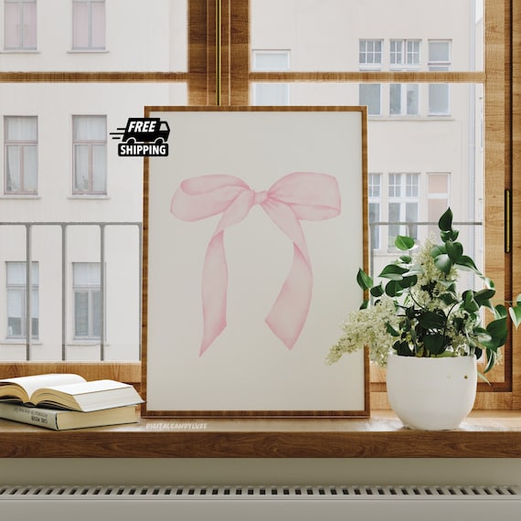 Pink Bow Poster, Coquette Bedroom Wall Art Print