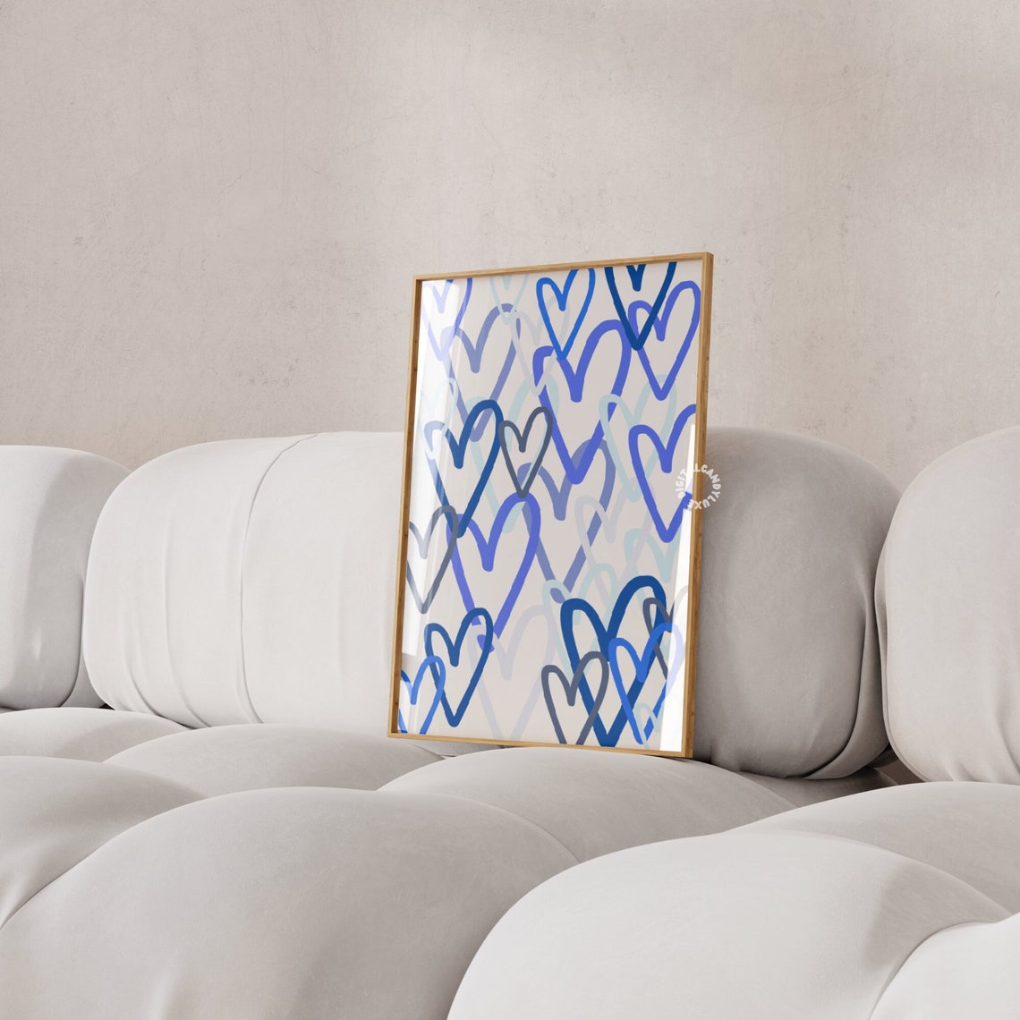 Blue Hand Drawn Hearts Pattern Modern Abstract Love Wall Art