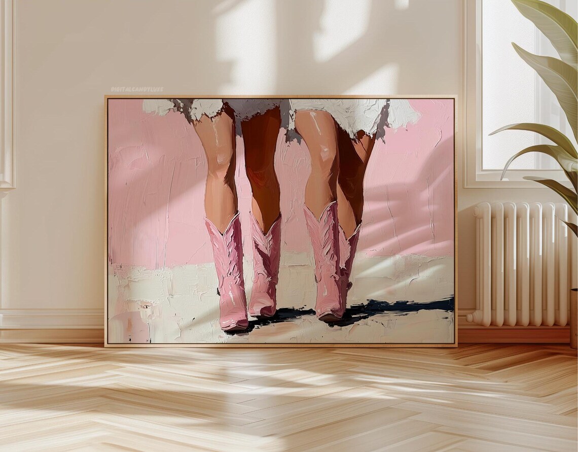 Glossy Pink Cowboy Boots Blush Wall Western Oil Painting Poster