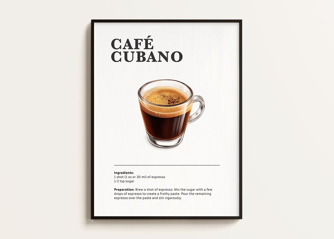 Cuban Coffee Recipe Poster, Coffee Art Print