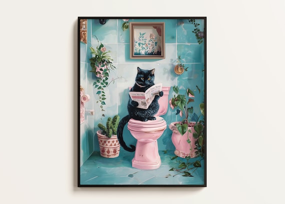 Black Cat Reading Newspaper on Pink Toilet Funny Bathroom Poster