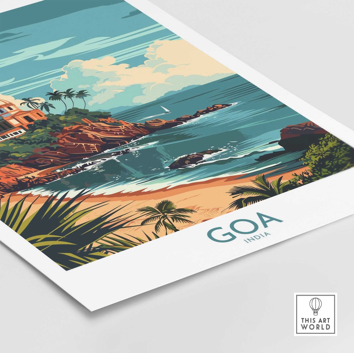 Goa India Rocky Coast Temple Hill Palm Beach View Travel Poster - Image 4