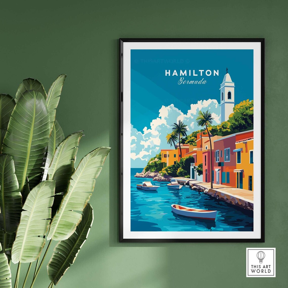 Hamilton Bermuda Colorful Harbor Boats Church Tower Travel Poster - Image 2