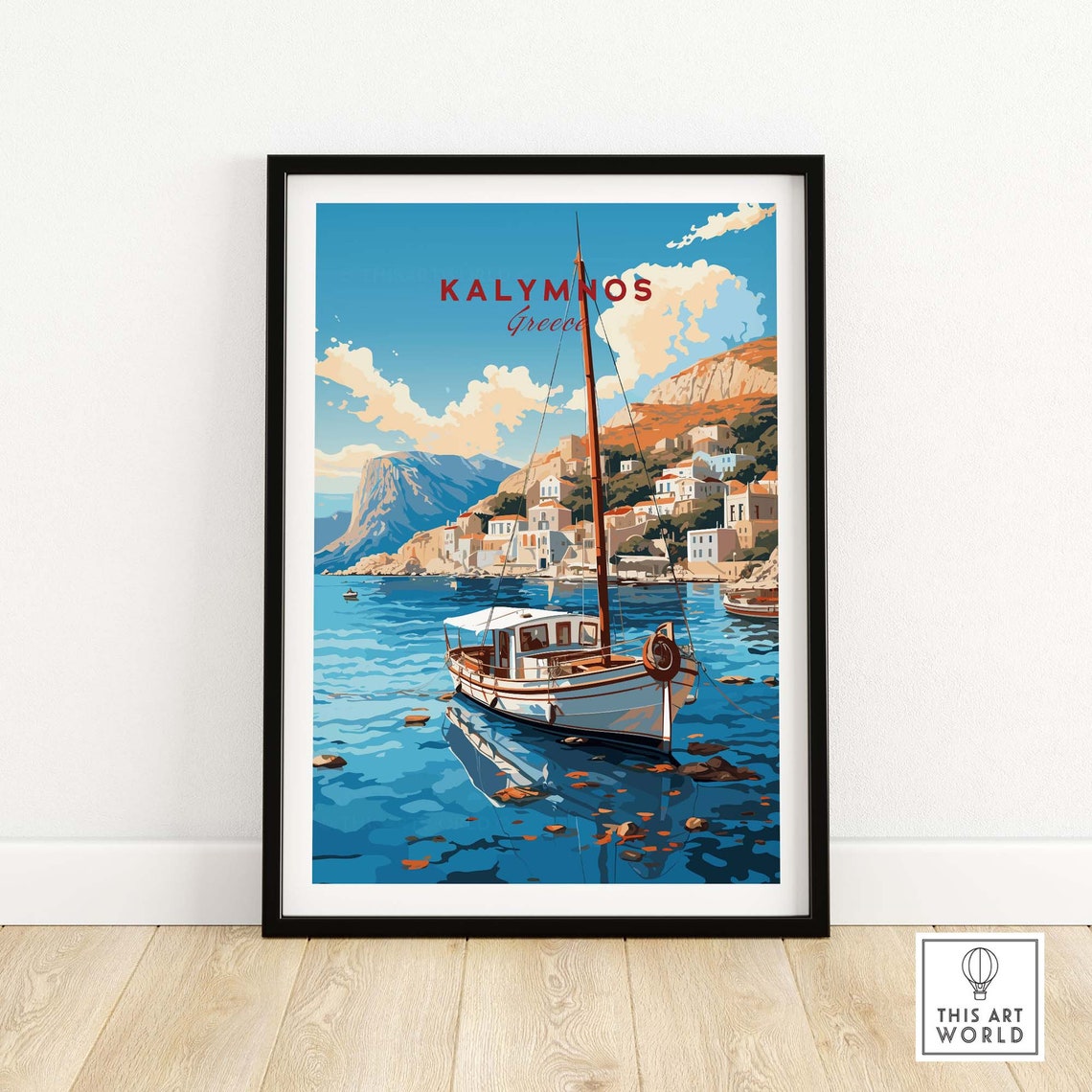 Kalymnos Greece Sunny Harbor Wooden Boat Rocky Cliff Town View Poster