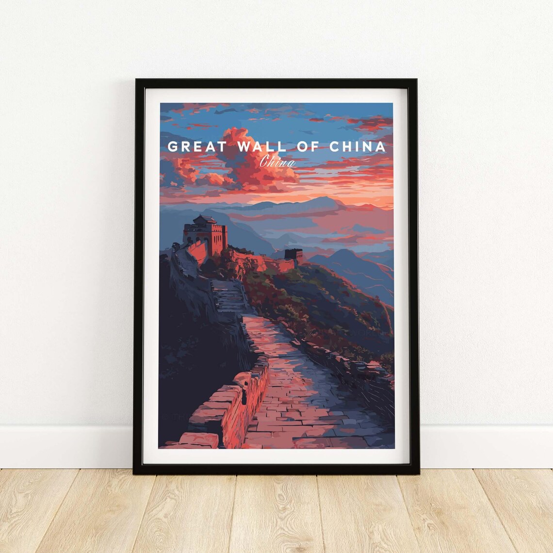 Great Wall of China Sunset Poster with Fiery Red Sky and Stone Walkway
