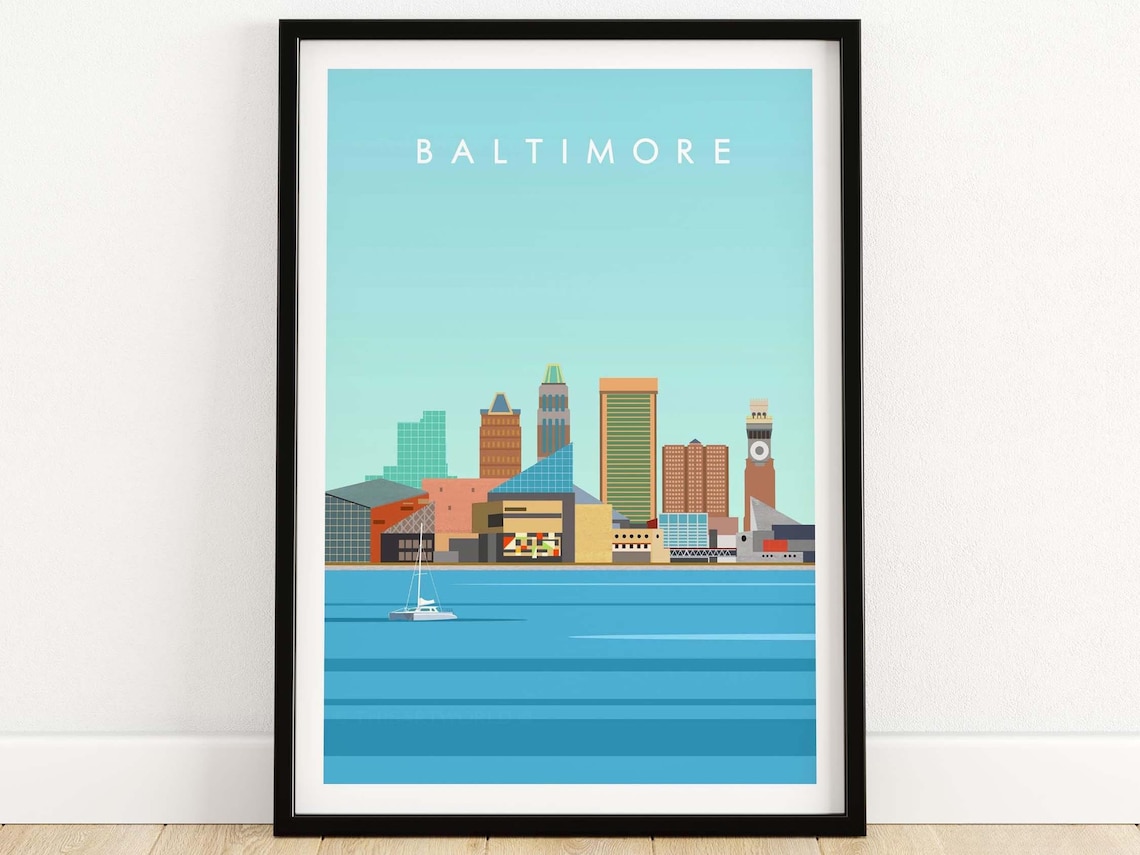 Baltimore Maryland Skyline Travel Poster, Art Print