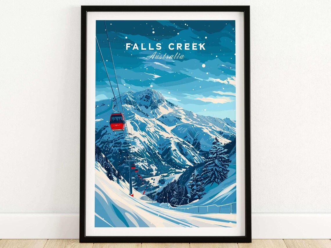 Falls Creek Australia Starry Night Gondola Snowy Peaks Ski Poster