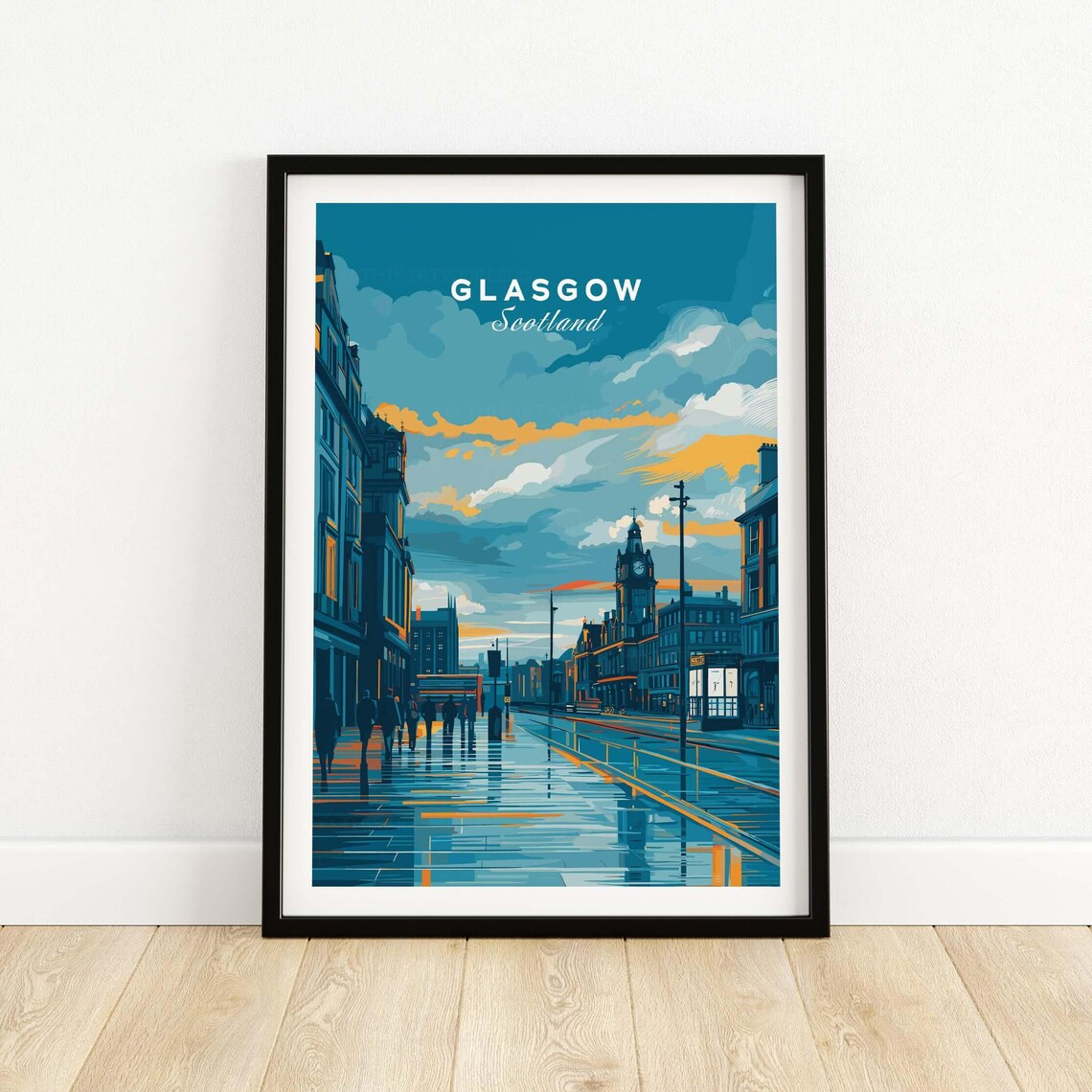 Glasgow Scotland Street at Dusk Blue Hour Vintage Travel Poster