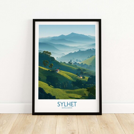 Sylhet Bangladesh Tea Plantation Rolling Misty Hills Travel Poster