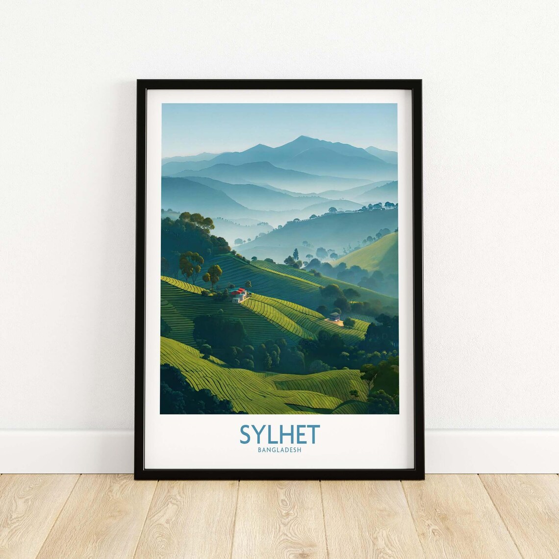 Sylhet Bangladesh Tea Plantation Rolling Misty Hills Travel Poster