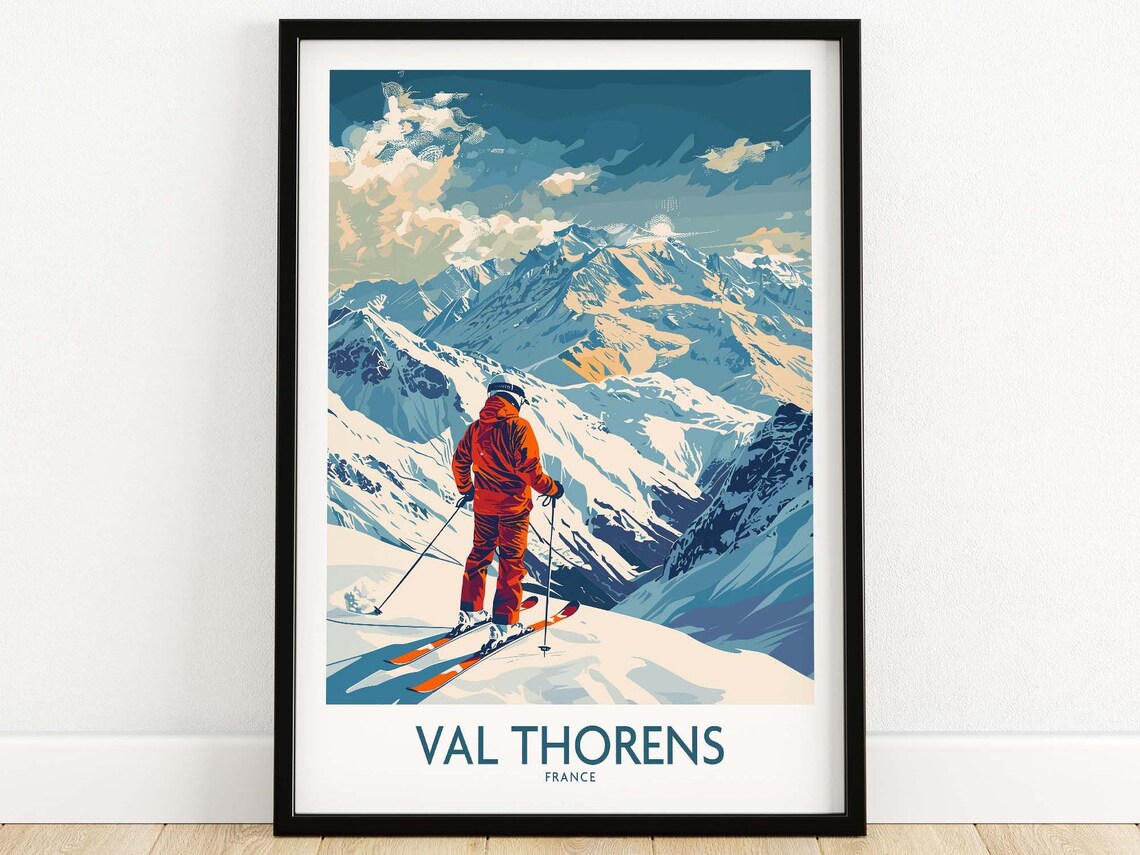 Val Thorens France Skier Snowy Peak Alpine View Ski Art Poster