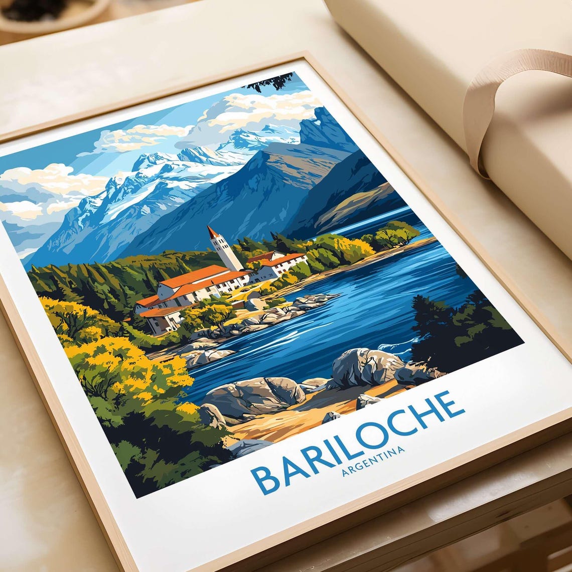 Bariloche Argentina Lakeside Church Mountain Shore Travel Poster