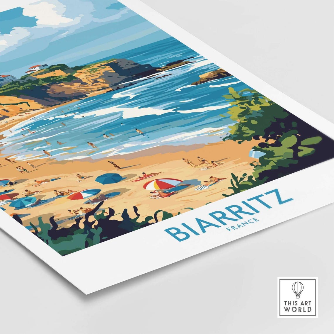 Biarritz France Beach Umbrellas Surfers Atlantic Coast Travel Poster - Image 4