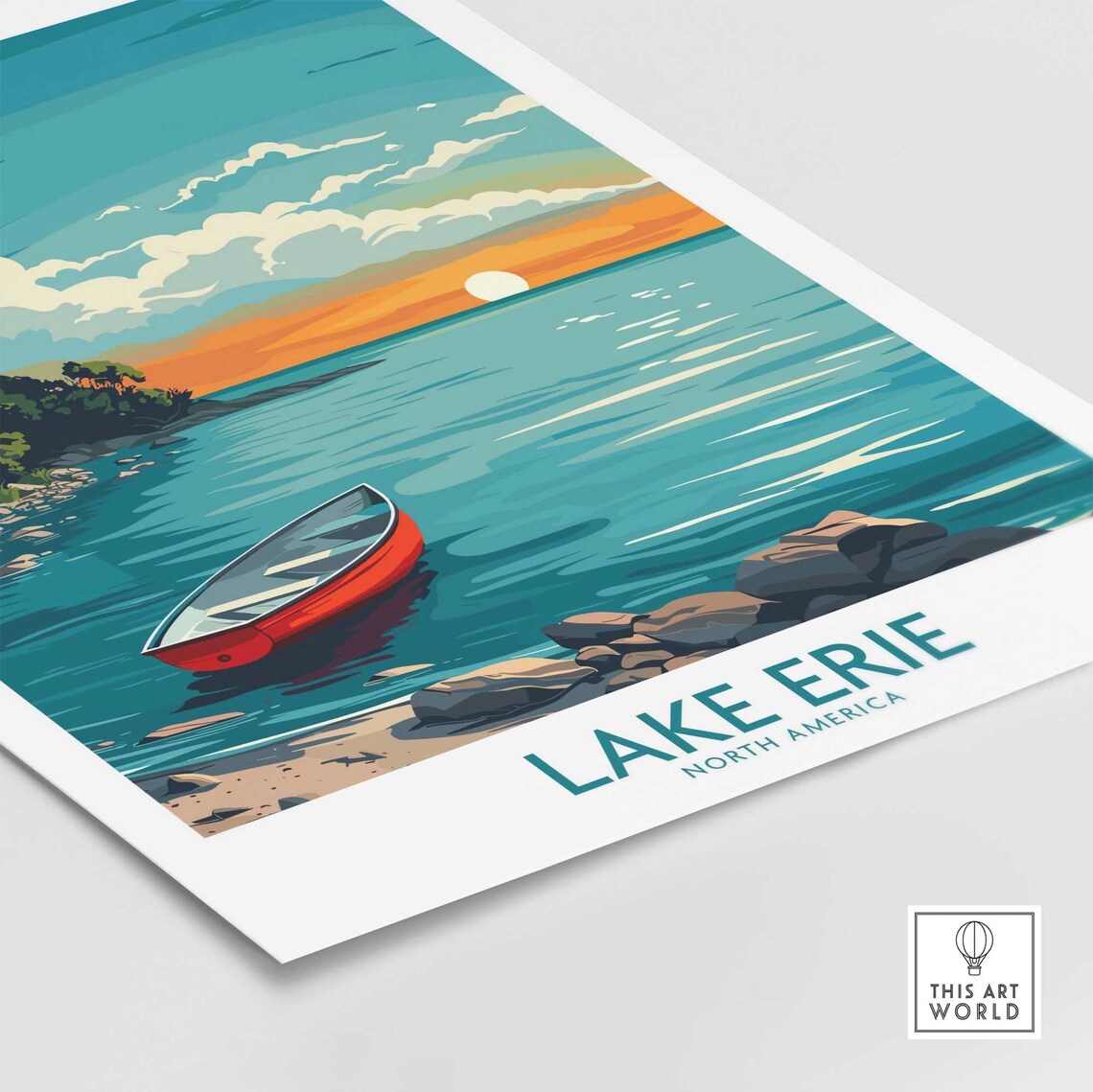 Lake Erie North America Red Canoe Rocky Shoreline Sunset Poster - Image 4