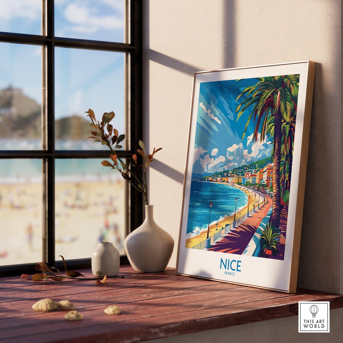 Retro Nice France Promenade Beach Palms Blue Sea Travel Poster - Image 3