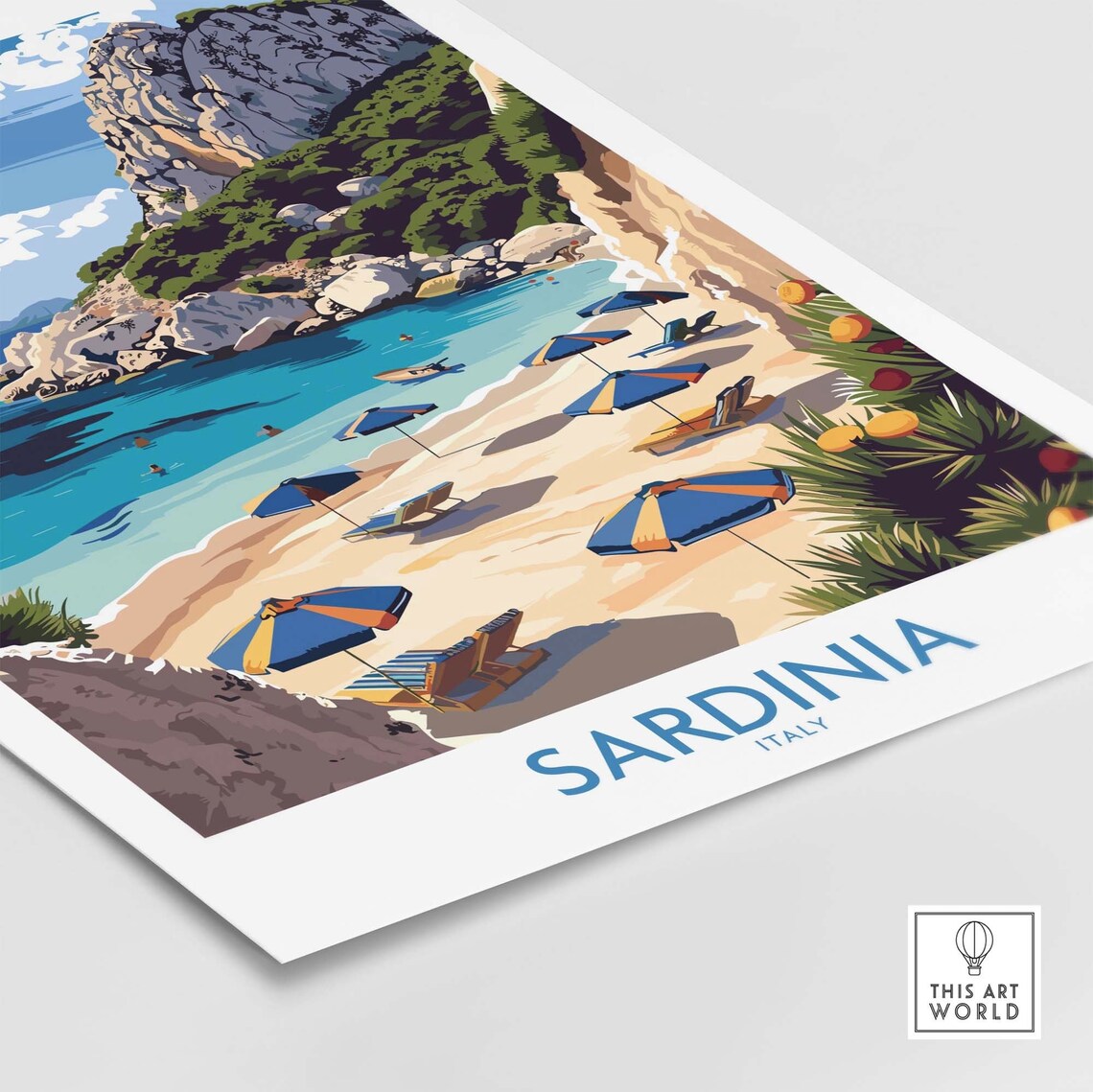 Sardinia Italy Sandy Beach Umbrellas Rocky Cove Turquoise Sea Poster - Image 4