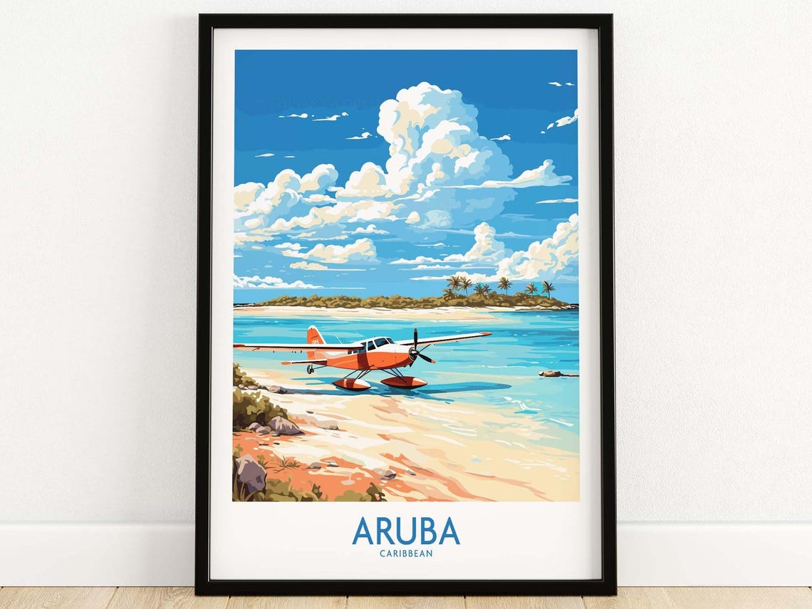 Aruba Caribbean Red Seaplane Tropical Beach Illustration Travel Poster