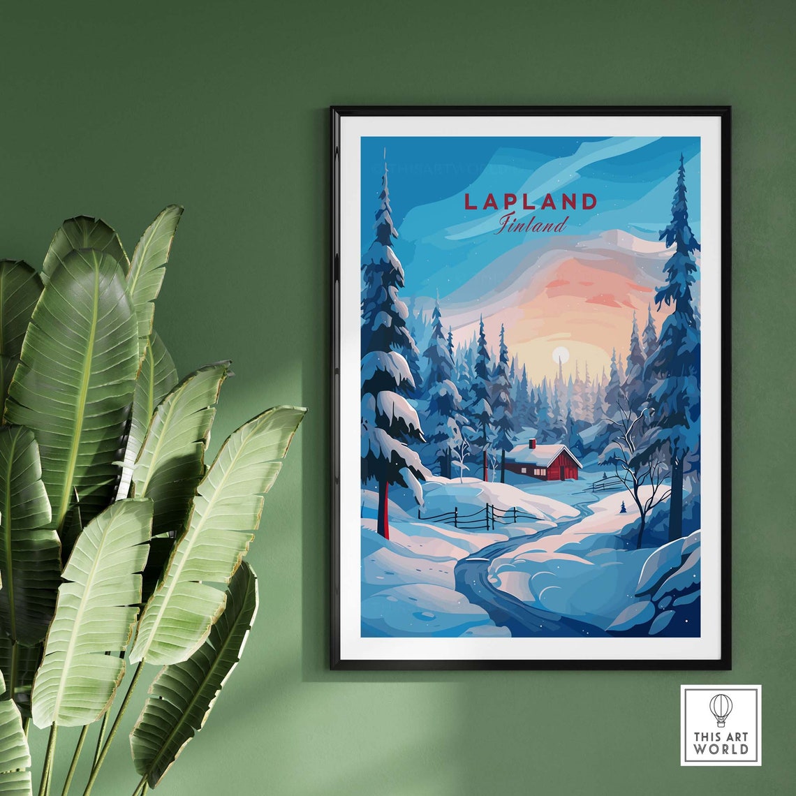 Lapland Finland Snowy Winter Forest Cabin Sunset Scenic Poster - Image 2