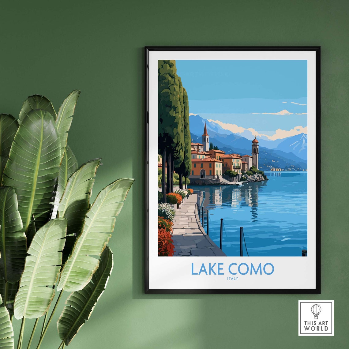 Retro Lake Como Italy Village Lake Shore Cypress Trees Poster - Image 2