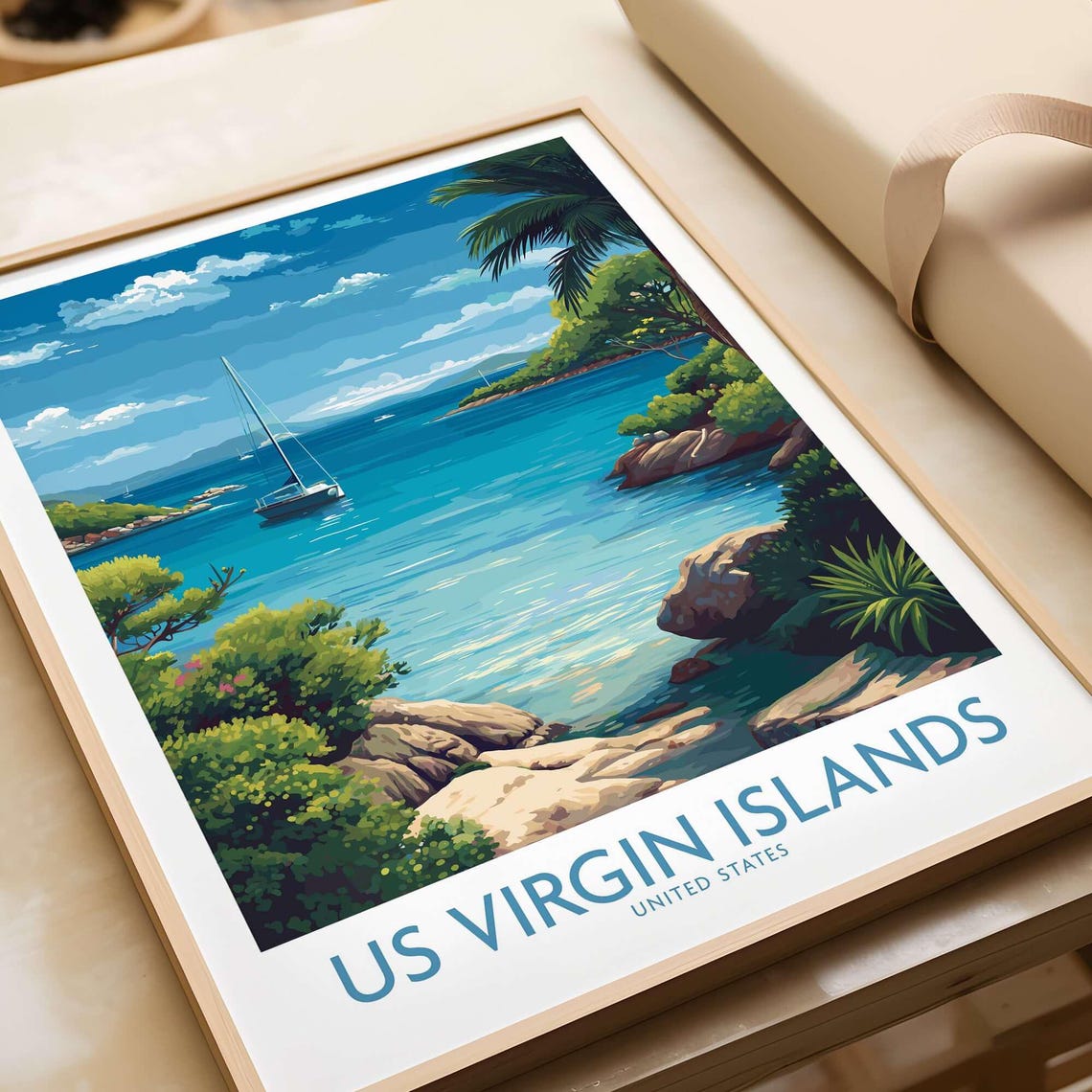 US Virgin Islands Sailboat in Turquoise Cove Tropical Beach Art Poster