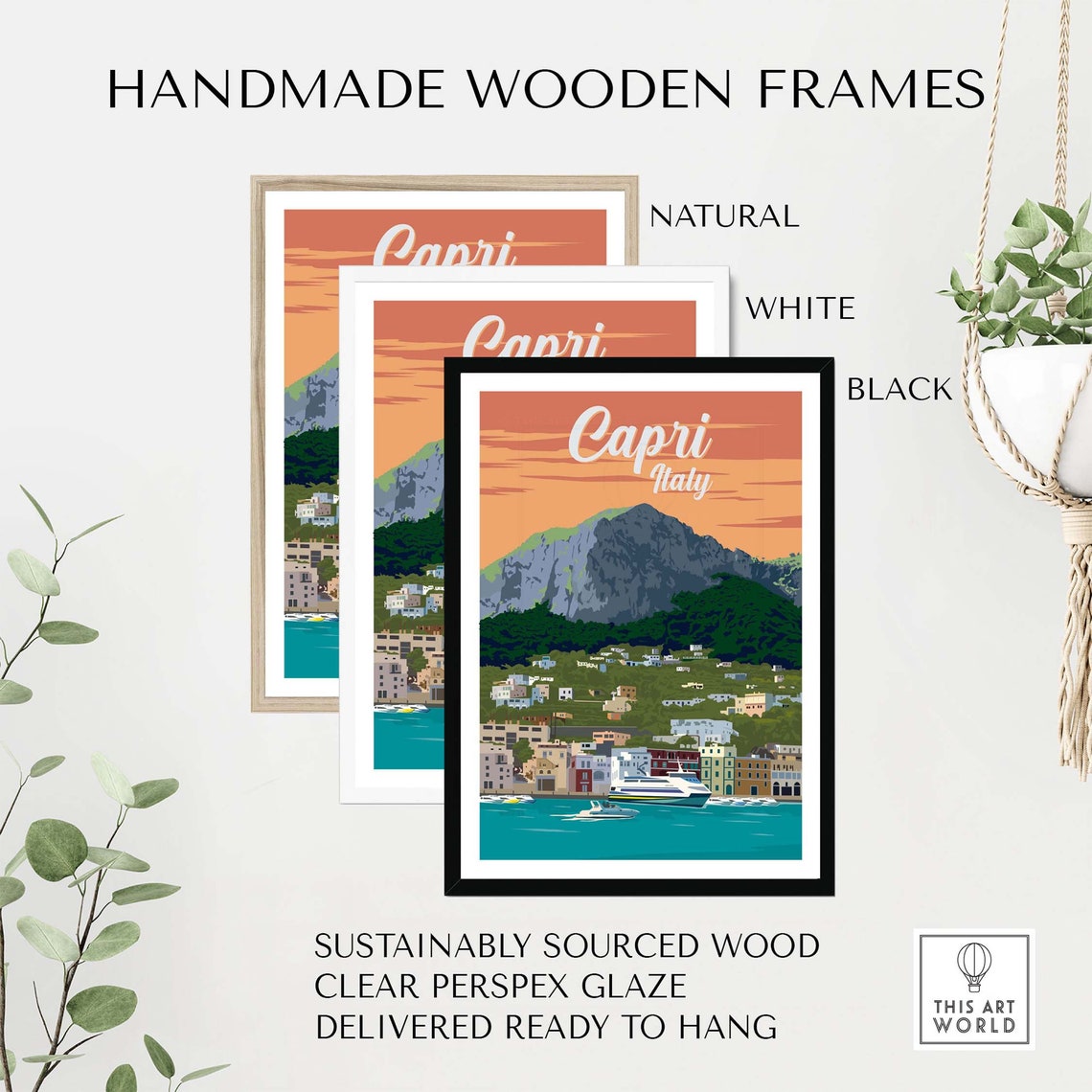 Capri Italy Retro Script Island Harbor Sunset Scenic Art Poster - Image 2