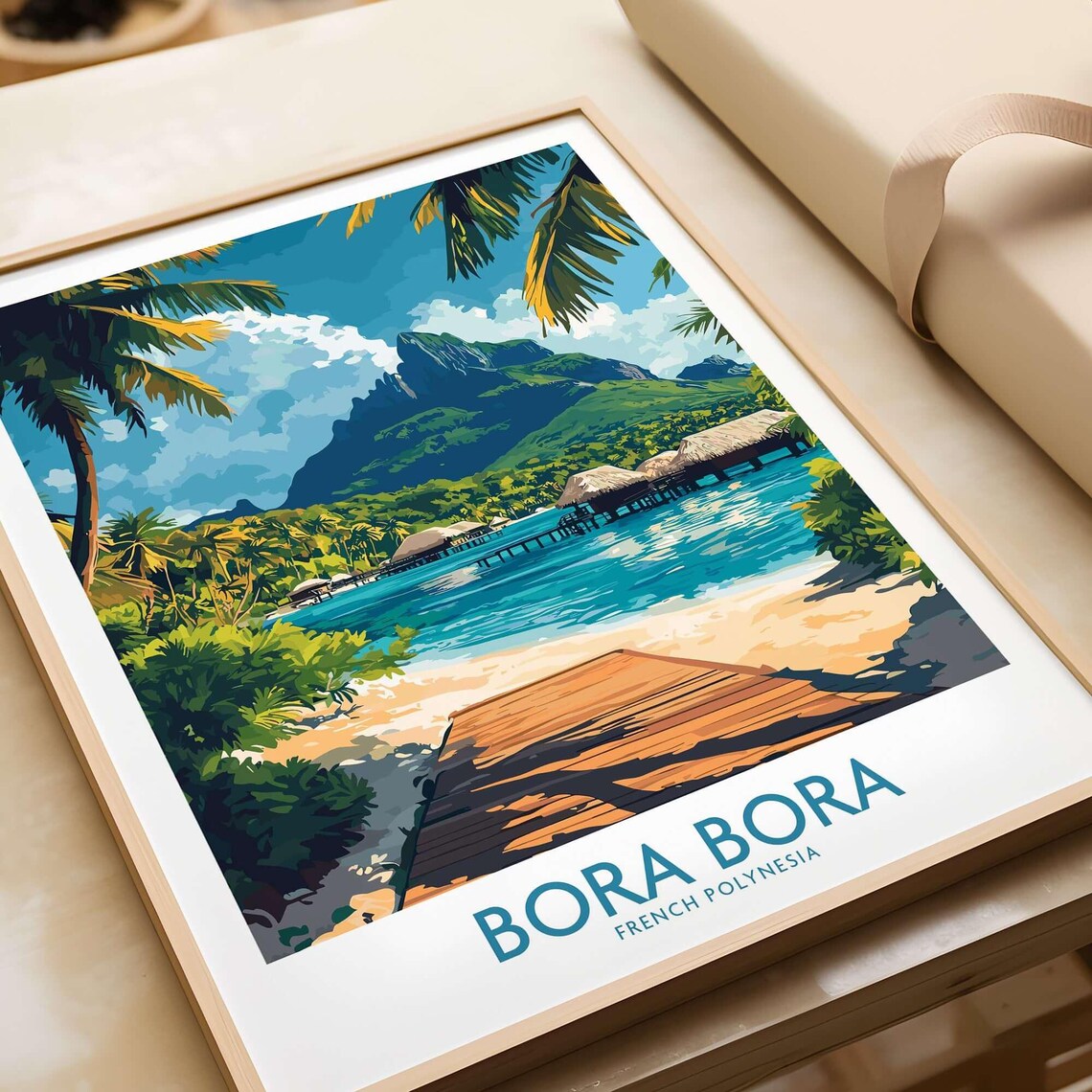 Bora Bora French Polynesia Overwater Bungalows Lagoon Travel Poster