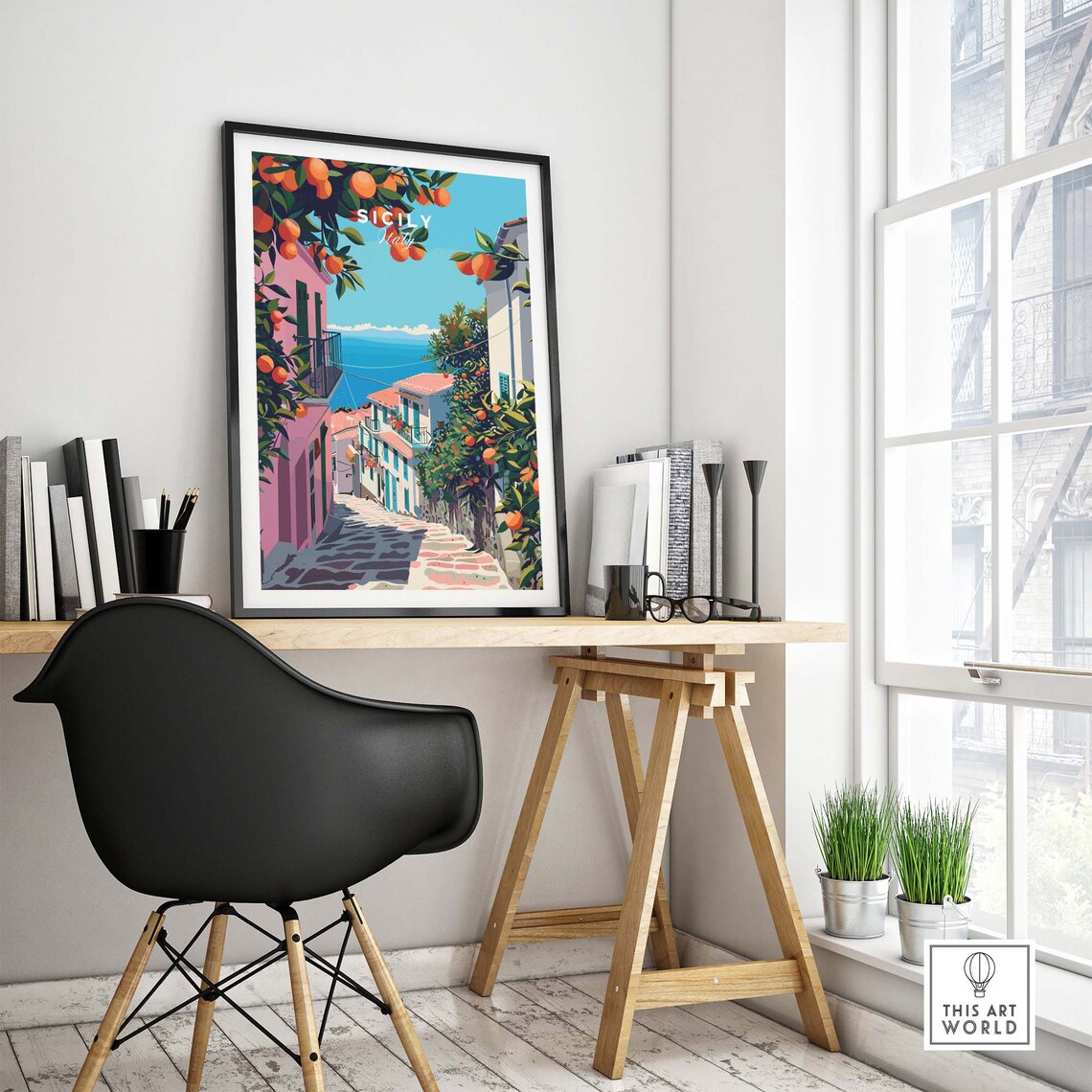 Sicily Italy Orange Grove Cobblestone Street Sea View Art Poster - Image 4