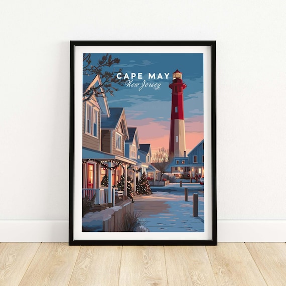 Cape May Snowy Lighthouse Street Christmas Lights Travel Poster