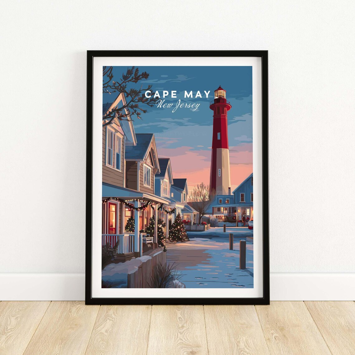 Cape May Snowy Lighthouse Street Christmas Lights Travel Poster