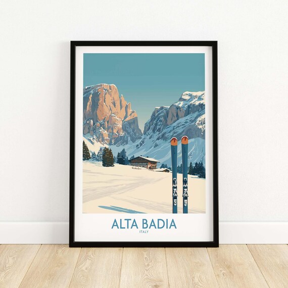 Alta Badia Italy Skis In Snow Dolomites Chalet Vintage Poster