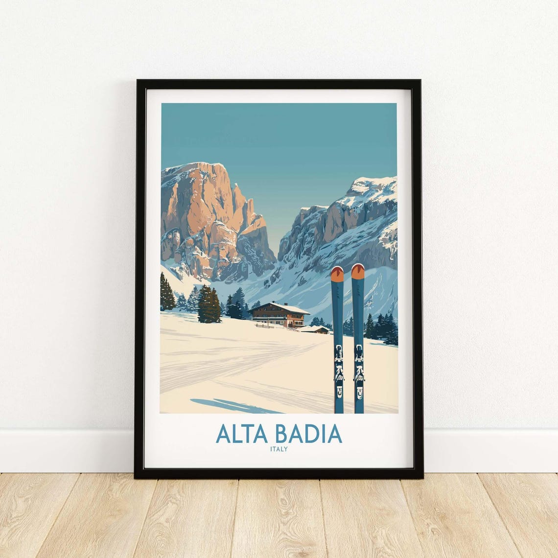Alta Badia Italy Skis In Snow Dolomites Chalet Vintage Poster