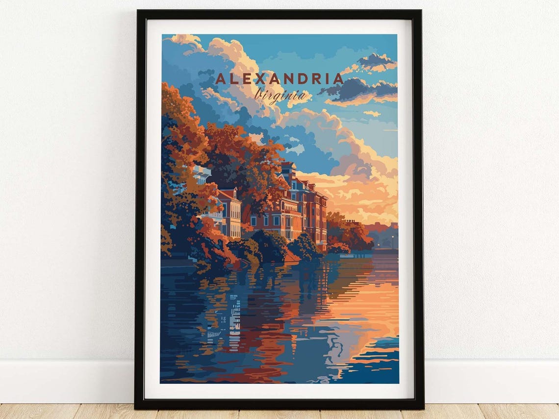 Alexandria Virginia Sunset Waterfront Illustration Travel Poster