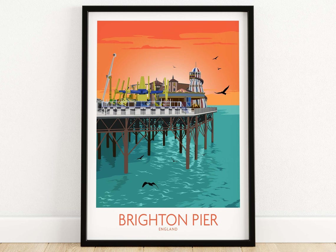 Brighton Pier England Seaside Amusement Sunset Travel Poster