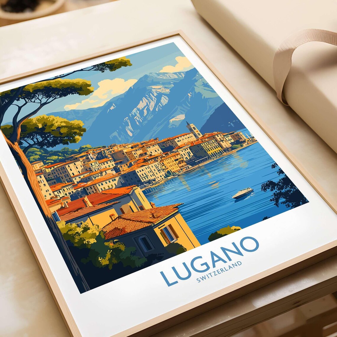 Lugano Switzerland Lakeside Town Mountain View Vintage Travel Poster