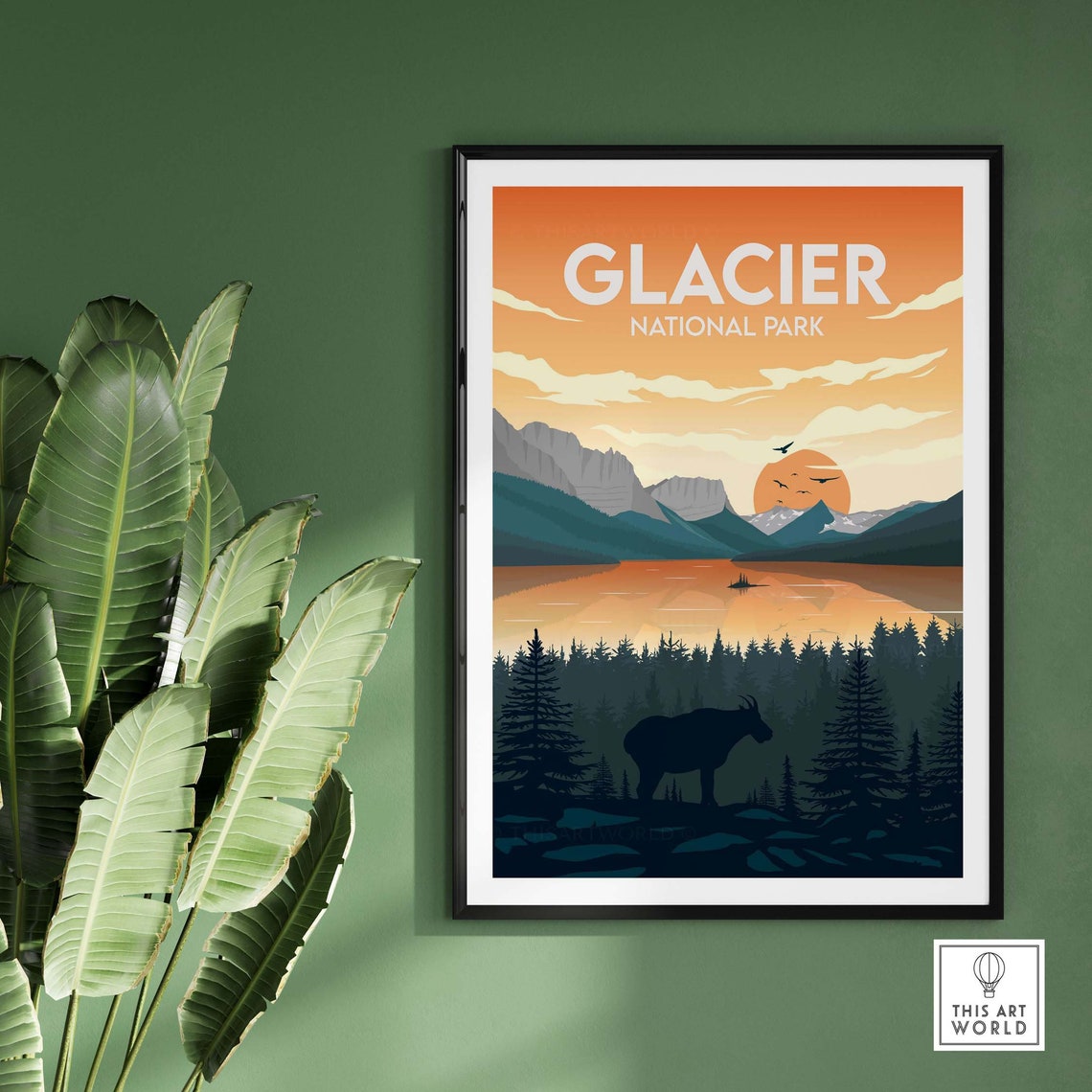 Retro Glacier National Park Sunset Lake Mountain Goat Poster - Image 3