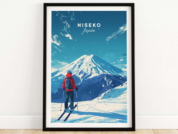Niseko Japan Lone Skier Poster on Deep Blue Mountain Slope Scene
